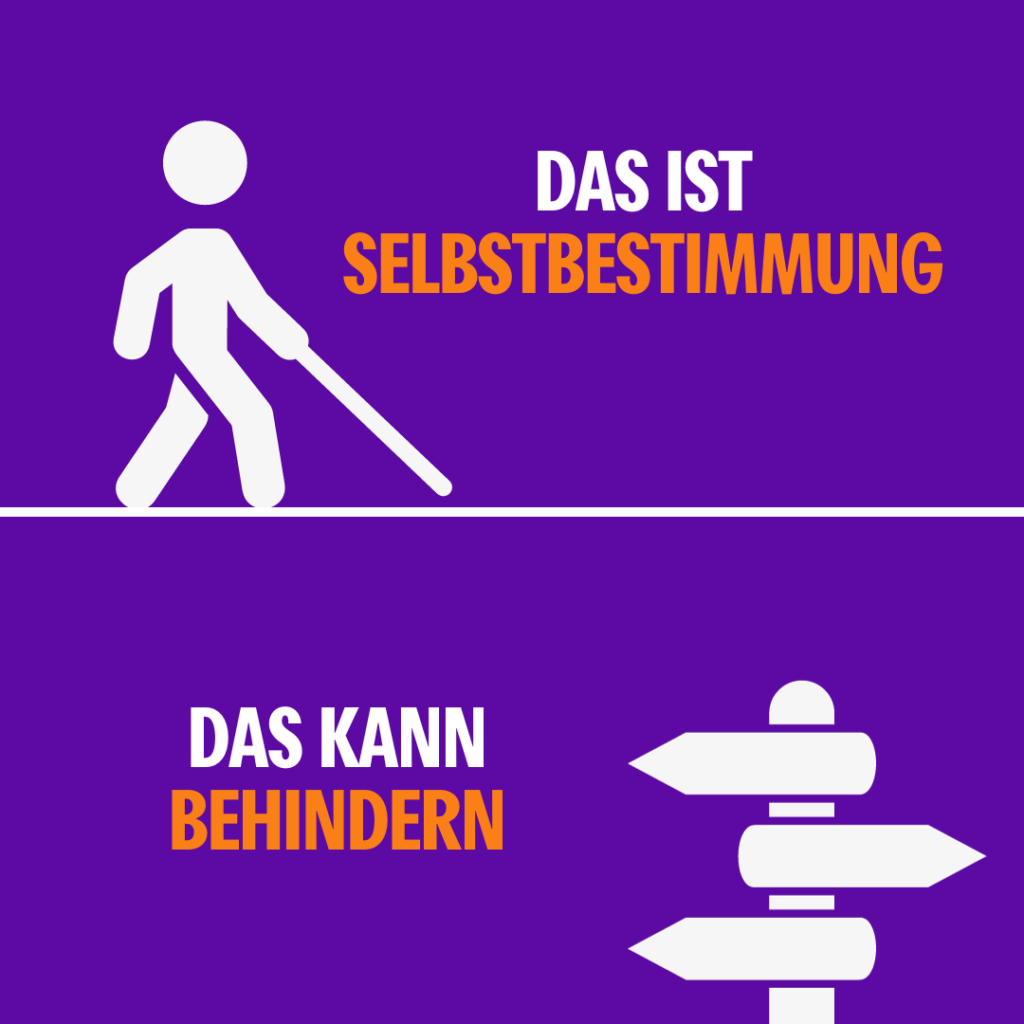 Das Bild ist auf lilanem Hintergrund zweigeteilt. Oben ist ein Mensch mit Blindenstab, daneben der Text "Das ist Selbstbestimmung". Auf der unteren Hälfte steht links "Das kann behindern" und daneben ist ein optischer Wegweiser zu sehen.