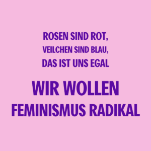 Rosa Hintergrund, davor in lila Schrift "Rosen sind rot, Veilchen sind blau, das ist uns egal, wir wollen Feminismus radikal"